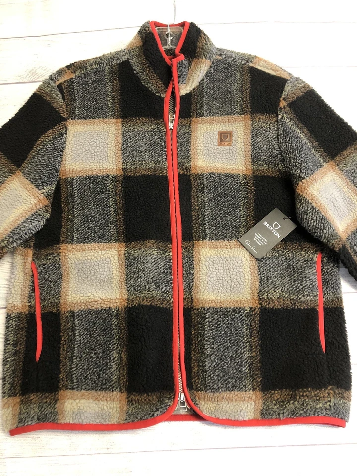 Brixton Buffalo Plaid Sherpa Fleece Jacket Mens Medium Black Cream Relaxed Fit - Image 2 of 4