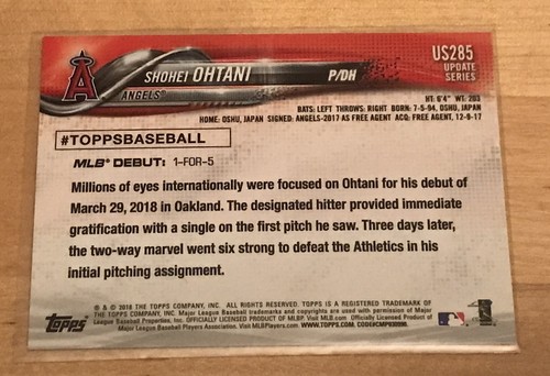 Shohei Ohtani 2018 Topps Actualización #US285 Debut Novato RC LA Dodgers Angels MVP C - Imagen 2 de 4