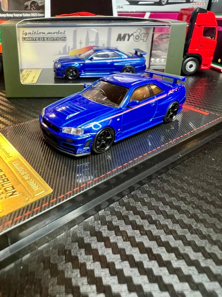 Encendido Modelo 1/64 Nissan GT-R R34 Bayside Azul Tokio Salón Automóvil IG3838 Diecast Foto 3 de 4
