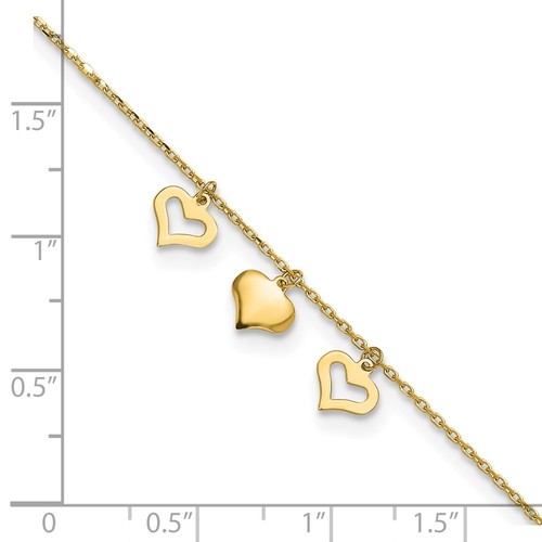 Tobillera de 3 corazones de oro amarillo de 10k de 9" con 1 pulgada de extensión 0,97 gm para mujer - Imagen 4 de 5