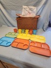 Vintage 1950s Redmon Picnic Basket Red Diamond Pattern W/ Plastic Dish Sets