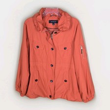 Jones New York Large Jacket Lightweight Orange Stowaway Hood Cinch Waist Cargo