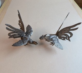 2 Vintage Silver Plated Metal Italian Fighting Cockerels.