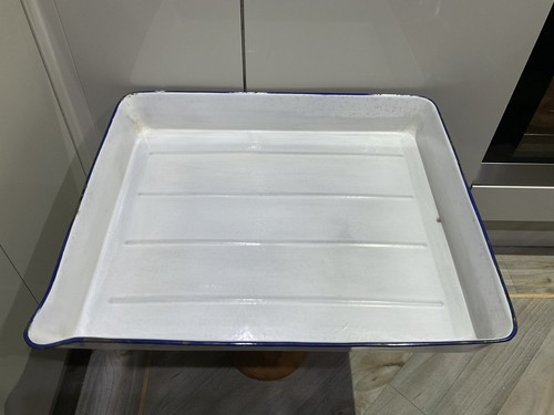 Bandeja de Asado Antigua De Colección Blanco Esmalte Azul Borde Caño de Verter XL  - Imagen 1 de 8