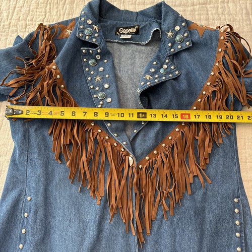 Vintage Denim Fringe Studded Star Western Boho Jacket Festival Gepetto Medium - Picture 8 of 8