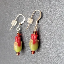 Sterling Silver Pierced Earrings Red Green Glass Tulip Flower Dangle 3/4" 925