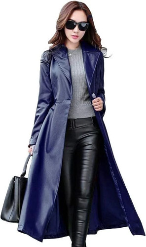 Women's Navy Blue Trench Coat Genuine Lambskin Leather Handmade Long Over Coat - Picture 1 of 6