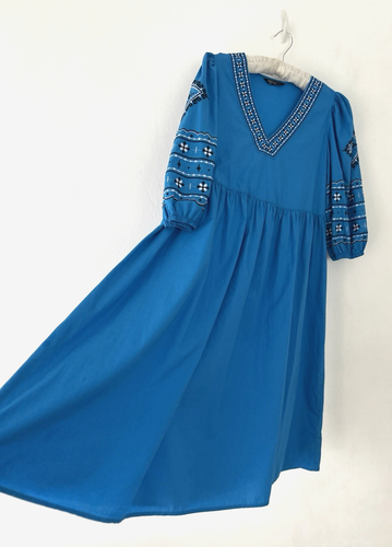 M&S Kleid Damen bestickt Baumwolle Ballon 3/4 Arm Boho Midi -14 Petite - Bild 2 von 10