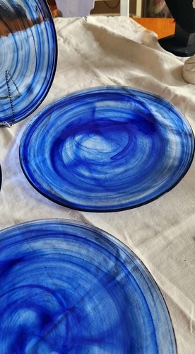 Elegant Set-4 Cobalt Blue Glass Dinner Plate. clear swirl blue 11" Pier 1 Party - Picture 8 of 8