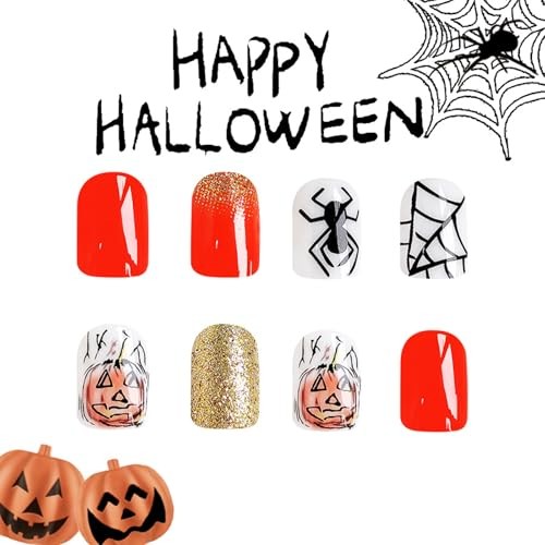 24PCS Halloween Press-on Nails, Short Square Gold Glitter Acrylic Nails with - Picture 4 of 7