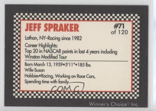 1991 Winner's Choice New England's Finest Jeff Spraker #71 - Picture 2 of 3