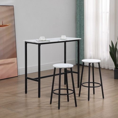 HOMCOM 3 Piece Bar Table Set for 2 with Stools Steel Frame Footrest White - Picture 5 of 12