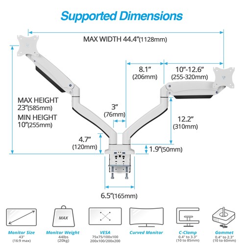 AVLT Dual 13"-43" Monitor Arm - Desk Mount for Two Flat/Curved Monitors - Ful... - 第 6/8 張圖片