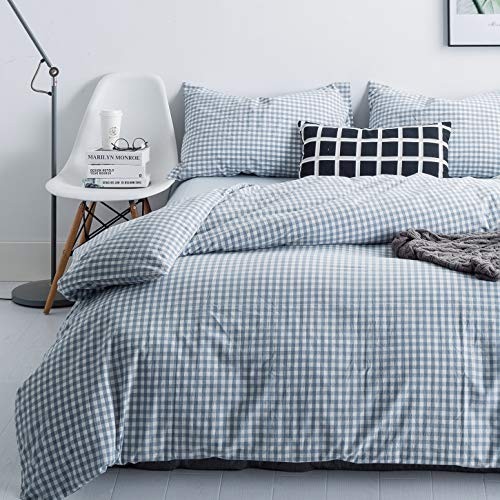  Gingham Duvet Cover 100% Washed Cotton Light Blue Plaid King Pale Blue Gingham - Picture 3 of 7