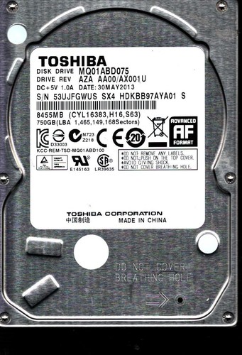 MQ01ABD075 HDKBB97AYA01 S REV:AZA AA00/AX001 U 750GB MAY 2013 CHINA TOSHIBA - Afbeelding 1 van 3