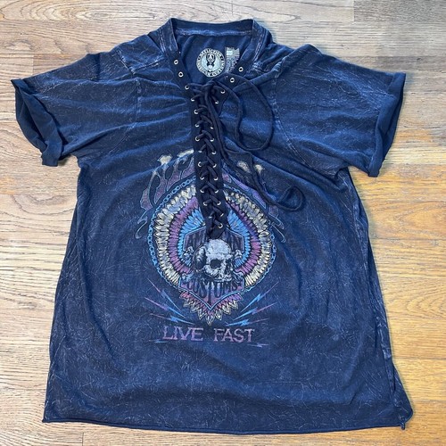 Affliction Black Cotton Skull T Shirt Lace Up V-Neck Women's Size Small Made USA - Picture 2 of 18