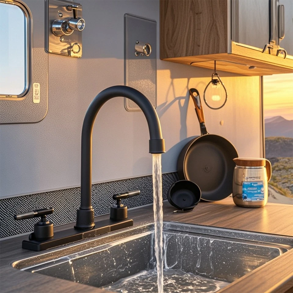 Хромированный/черный смеситель с двойной ручкой кухонный кран для автофургона раковины носика водопроводного крана - Изображение 3 из 4