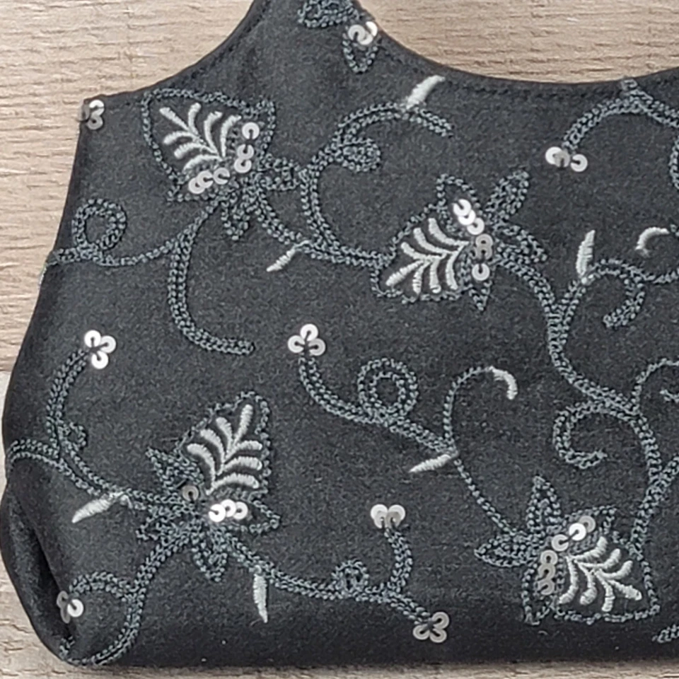 Little Black Purse Embroidered Floral Party Cocktail Crossover Valerie Stevens - Image 4 of 4