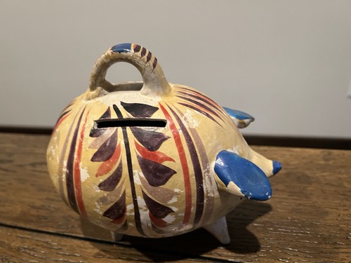 Vintage 1940's Tlaquepaque Mexican Folk Art Piggy Pig Bank Finger Loop Colorful - Picture 5 of 13