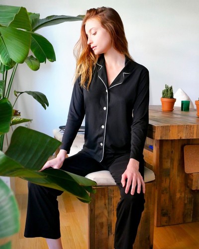 Cosabella HOLIDAY Black Dove Gray Trim Cotton Modal Notch Collar Pajama Set - XL - Picture 2 of 5