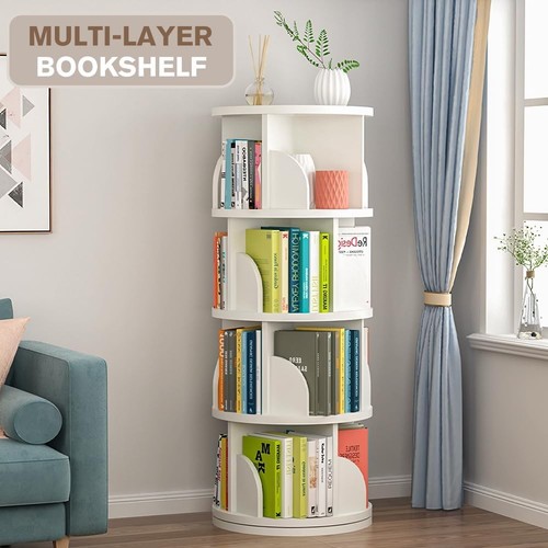 4 Tier Rotating Stackable Bookshelf Corner Organizer White Narrow Shelf - Picture 7 of 7
