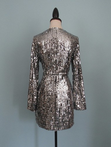 Größe: 6 PRETTYLITTLETHING Silber Pailletten Kleid tiefer V-Ausschnitt Damen Langarm - Bild 9 von 13