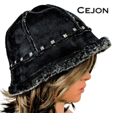Cejon Bucket Hat Black Faux Suede Fur Studded Winter Warm Cozy Indie Edgy Y2K