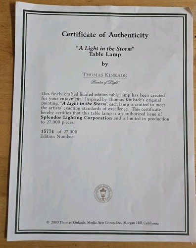 Vintage Thomas Kinkade Lampe "A Light In The Storm" mit COA - Bild 19 von 22