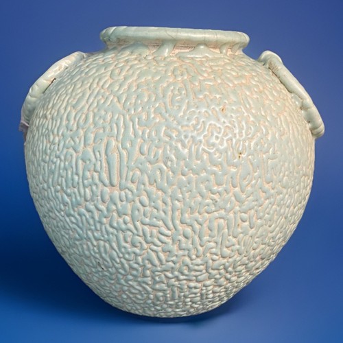 Reproduction Meiji Taisho Japanese Vermiculated “Brain” Mint Glazed Pottery Vase - Picture 3 of 5