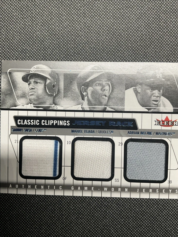 2005 Fleer Classic Clippings Jersey Rack Triple Blue Sammy Sosa Miguel Tejada - Image 3 of 4