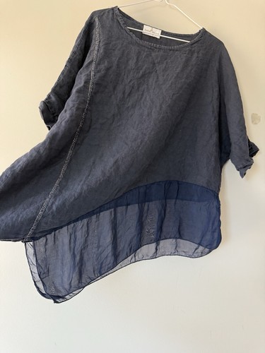 Belle France Top Womens L Blue Linen Silk  Asymmetrical Boxy Lagenlook* - Picture 3 of 4