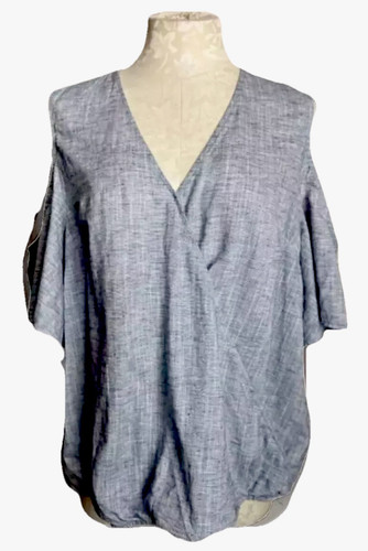 NWT! $69. Calvin Klein Blue/White Cold Shoulder Blouse., Linen Blend, Sz LARGE. - Picture 1 of 10
