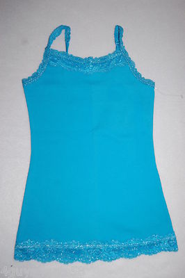 Girls Tank Top TURQUOISE RIBBED CAMI Adj Strap LACE TRIM