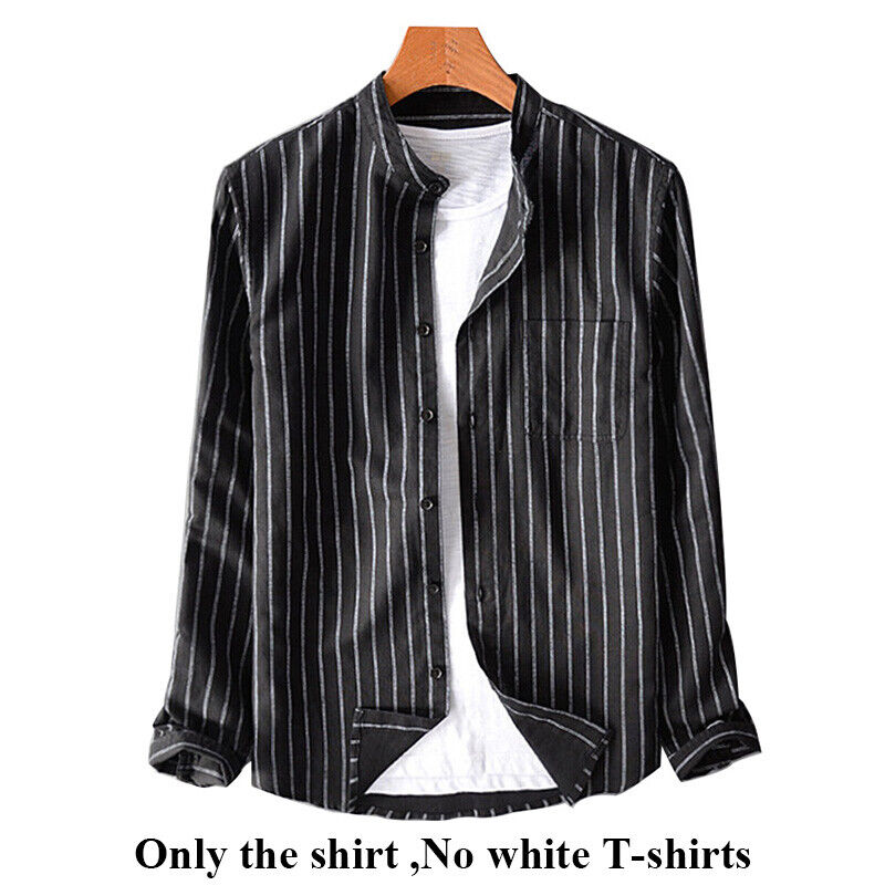 Mens Long Sleeve Retro Striped Shirt Collarless Grandad Casual Dress Shirts Tops