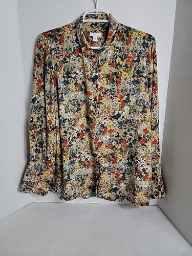 J. Jill Women's Tan Brown Yellow Red Blue Floral Long Sleeve Button Up Top, L