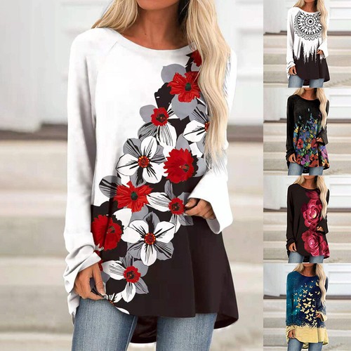 T-shirt taglie forti donna boho floreale manica lunga tunica top blusa casual ampia - Foto 6 di 11