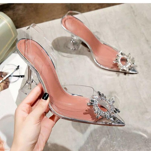LADIES CLEAR DIAMANTE POINTED TOE WOMENS STILETTO HIGH HEELS PERSPEX SHOES SIZE - Picture 12 of 21