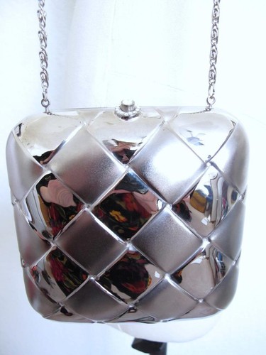 Vintage Metal Evening Bag Purse Silver Woven Effect Long Chain Handle Rhinestone - Picture 6 of 14