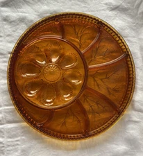 Vintage Amber Indiana Glass Deviled Egg Deli Plate Platter Tree of Life 12.75"