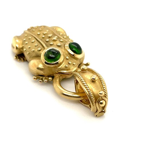 18k Yellow Gold Bullfrog Pendant With Cabochon Green Stones Eyes
