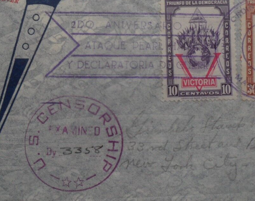STAMPMART : NICARAGUA 1943 WW II VICTORY US CENSORSHIP FDC USED TO NY USA - Picture 2 of 3