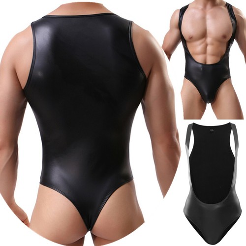 Sexy Men PU Leather Soft Bodysuit Clubwear Leotard Wrestling Singlet Jumpsuit - Imagen 5 de 15