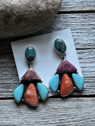 Navajo 925 Sterling Silver Multi Stone Cluster Earrings Marcella James - Picture 9 of 12