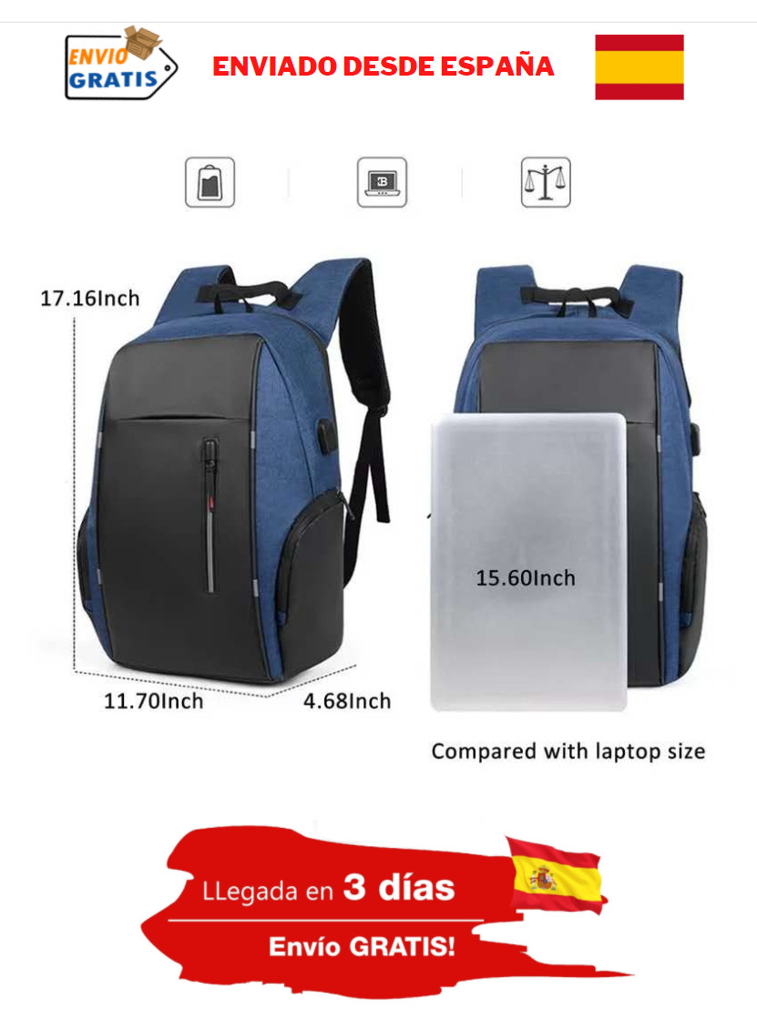 Mochila Impermeable de oficina para ordenador portatil con carga USB