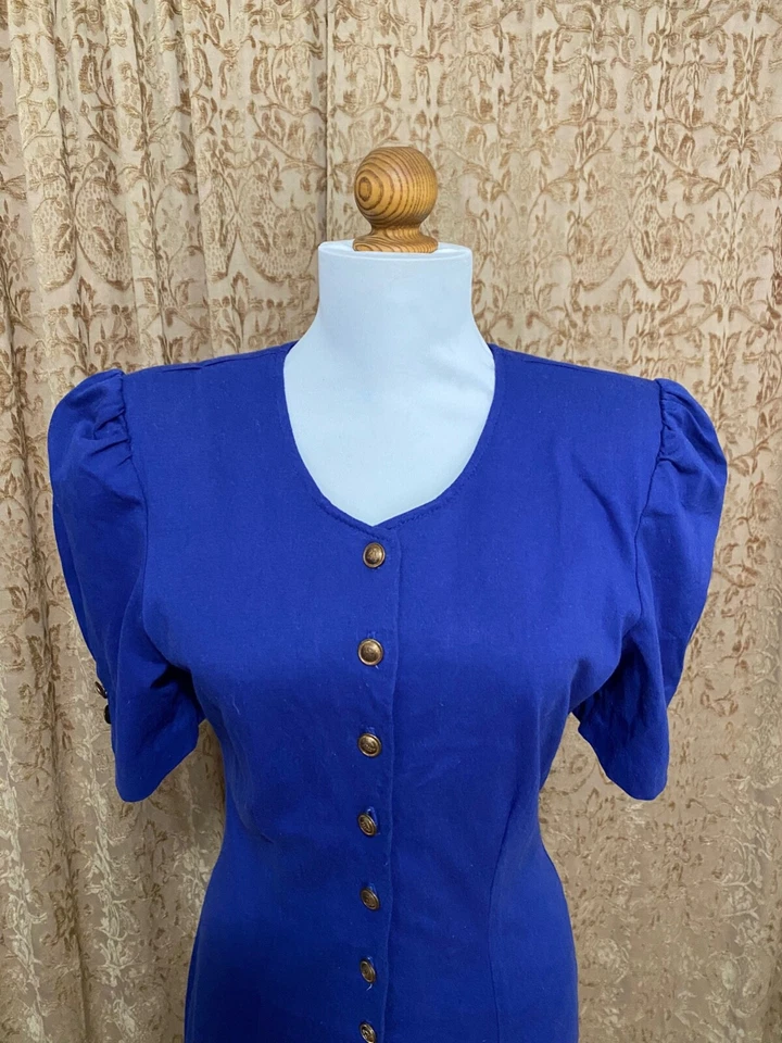 Vestido Explosión Azul Años 80 Cintura Caída Acolchado Hombros Mangas Abullonadas Talla Pequeña Foto 3 de 4