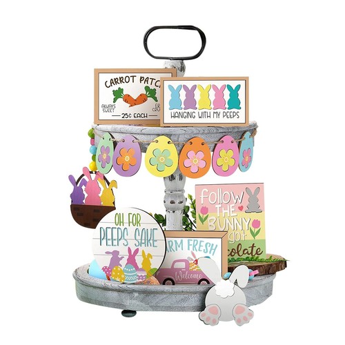 Easter Tiered Tray Decor Wooden Table Decor Signs Green Gnome Block For Party - Picture 2 of 10