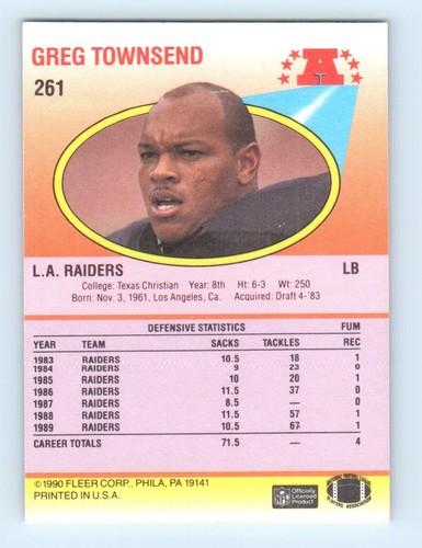 1990 Fleer Greg Townsend Los Angeles Raiders #261 - Picture 2 of 2