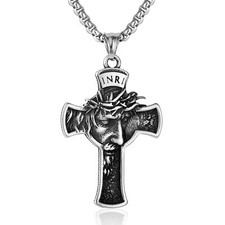 Mens Stainless Steel Jesus Christ Face Crucifix Cross Gothic Pendant Necklace