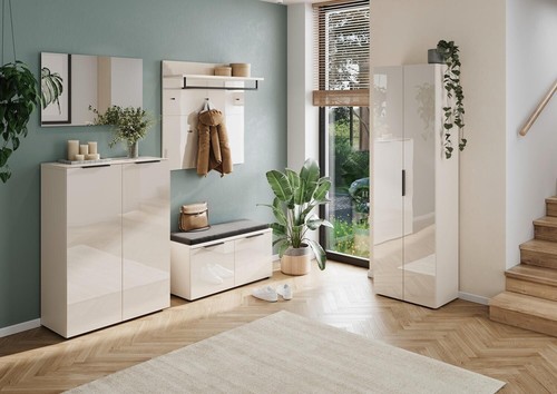 Schuhschrank Schuhkommode 2 Türen Glasfront Creme 87 x 120 cm - Bild 2 von 5