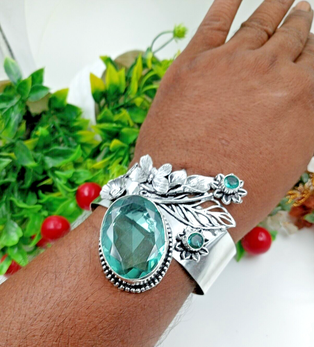 Pulsera de plata de ley 925 de vidrio y piedras preciosas de topacio hecha a mano - Imagen 3 de 3